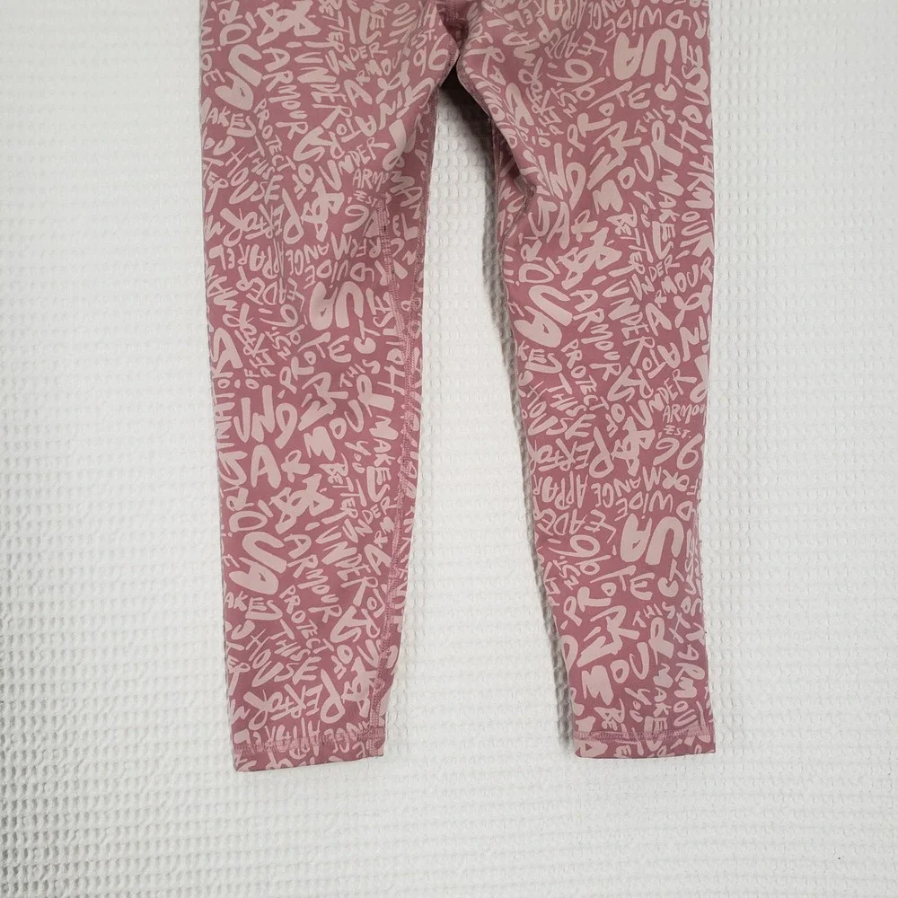 Under Armour Capri Leggings Girls Large Pink Graphic Print Logo Athletic Workout